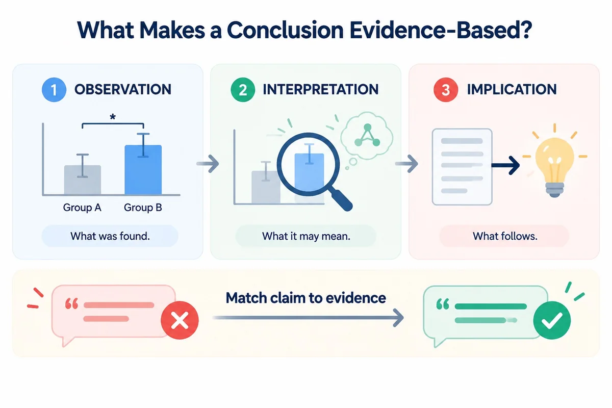 A visual guide separating observation, interpretation, and implication when checking a research conclusion