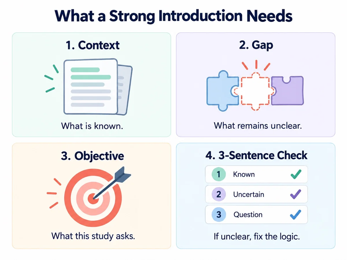 A visual guide to context, gap, objective, and the three-sentence check for an introduction