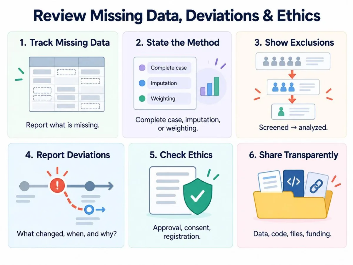 A visual guide to missing data, deviations, exclusions, ethics, and transparent reporting