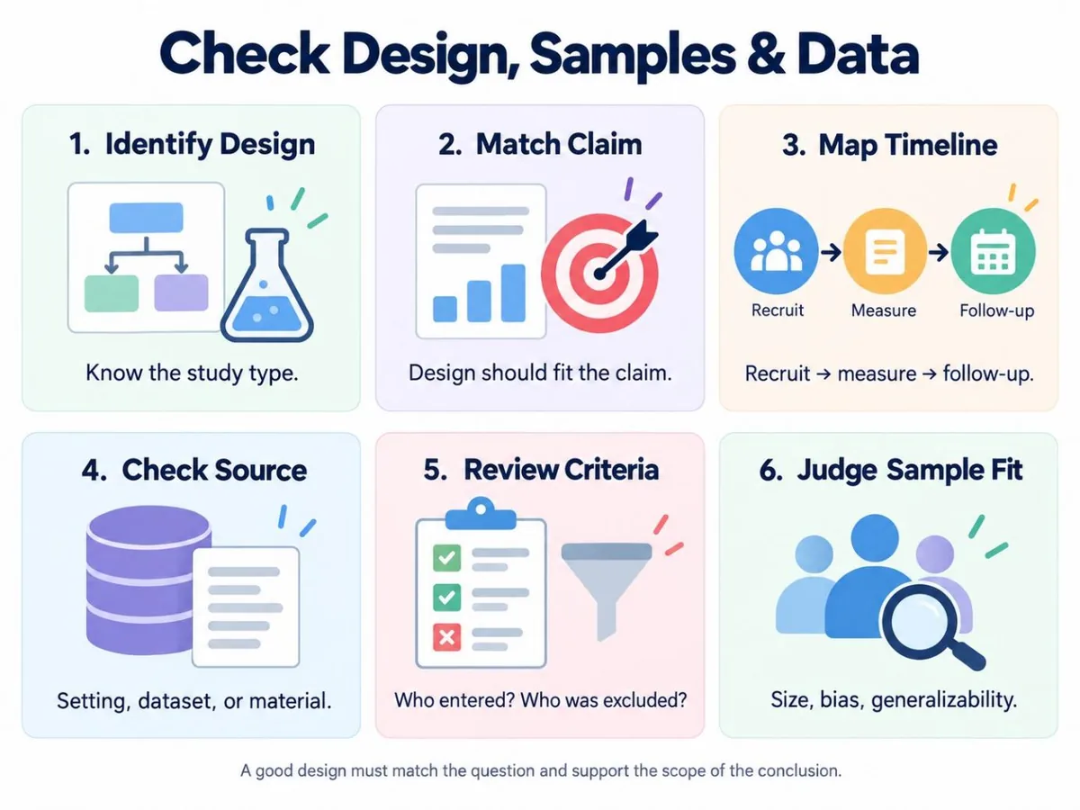 A visual guide to checking study design, claims, timing, sources, criteria, and sample fit